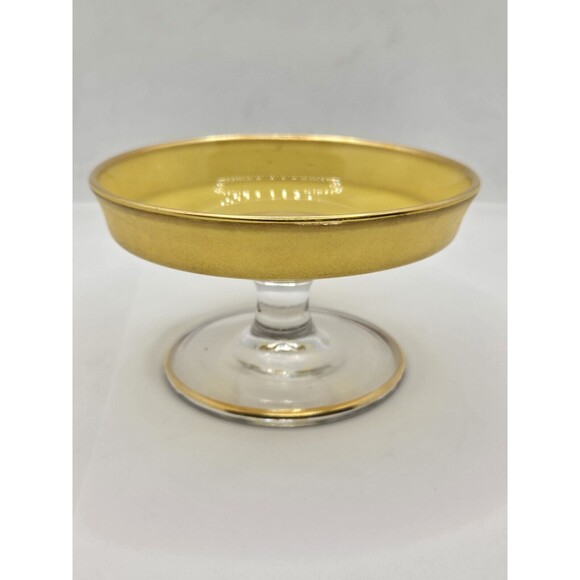 Yellow Depression Glass Pedestal Cheese Compote 4.75" Gold Edging Candy/Nut Dish - Picture 4 of 16